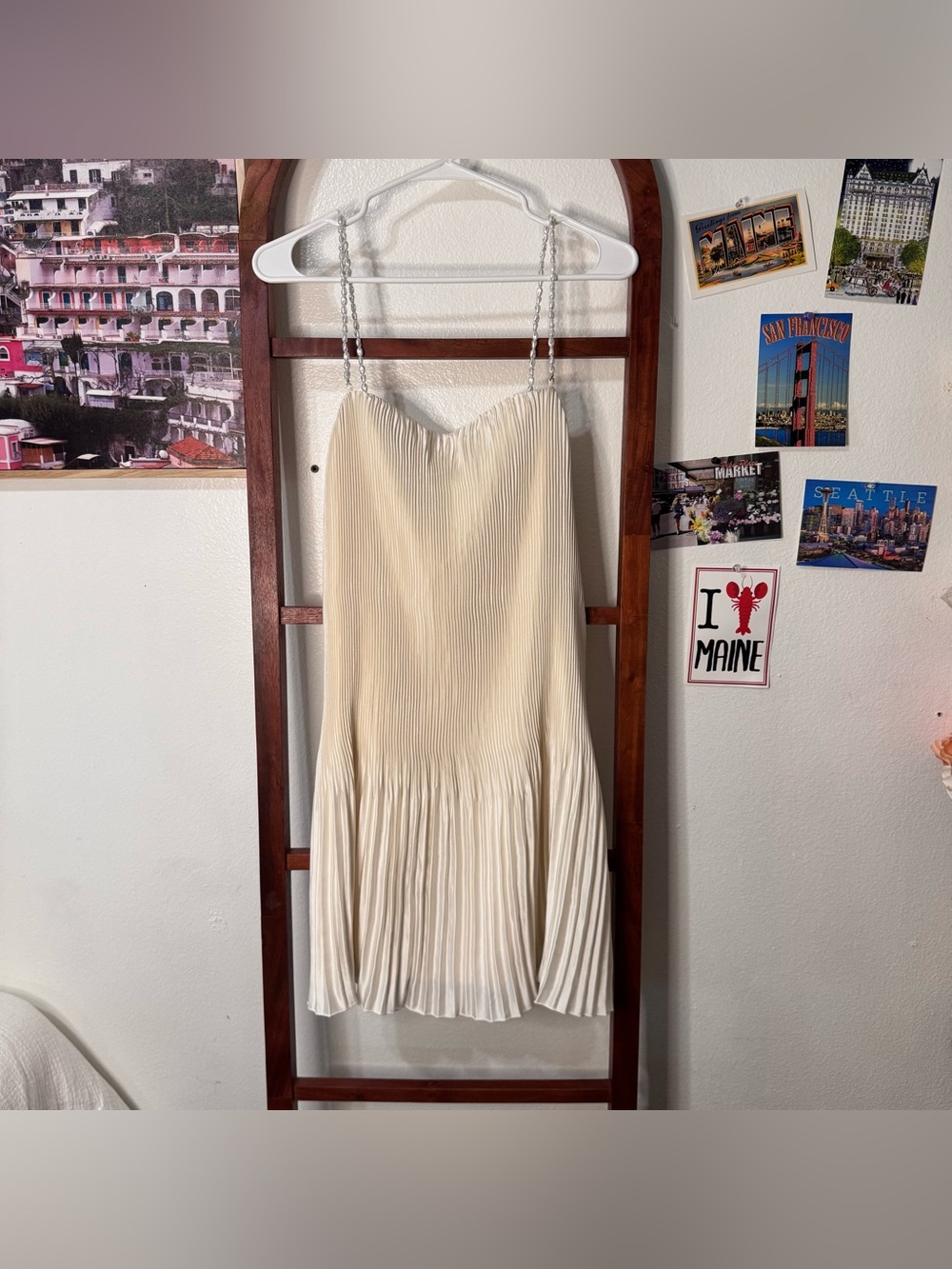 Abercrombie Giselle Faux Pearl Pleated Release Mini Dress Ivory Satin - Picture 5 of 9